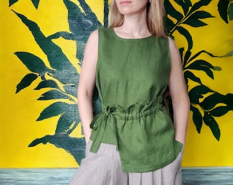 Sleeveless Linen Top, Linen Blouse For Women, Casual Tie Side Tank Top, Handmade Summer Top With Decorative Pocket, Unique Boho Blouse