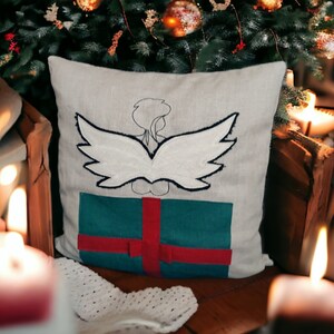 Coussin de Noël en lin, housse de coussin de Noël en lin, coussin brodé en lin, coussin ange, taies d'oreiller de vacances, cadeau déco de Noël image 7