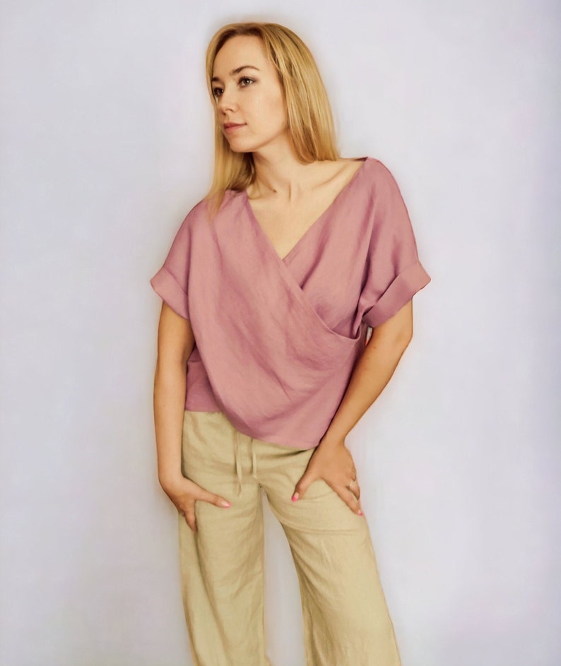 Elegant Linen Blouse, Kimono Sleeve Top, Women Linen Shirt, Cross Front Blouse, Summer Linen Top zdjęcie 2