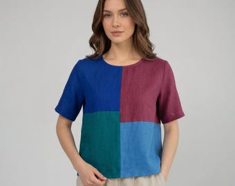 Linnen blouse dames kleurbloktop, los linnen shirt, moderne minimalistische zomertop