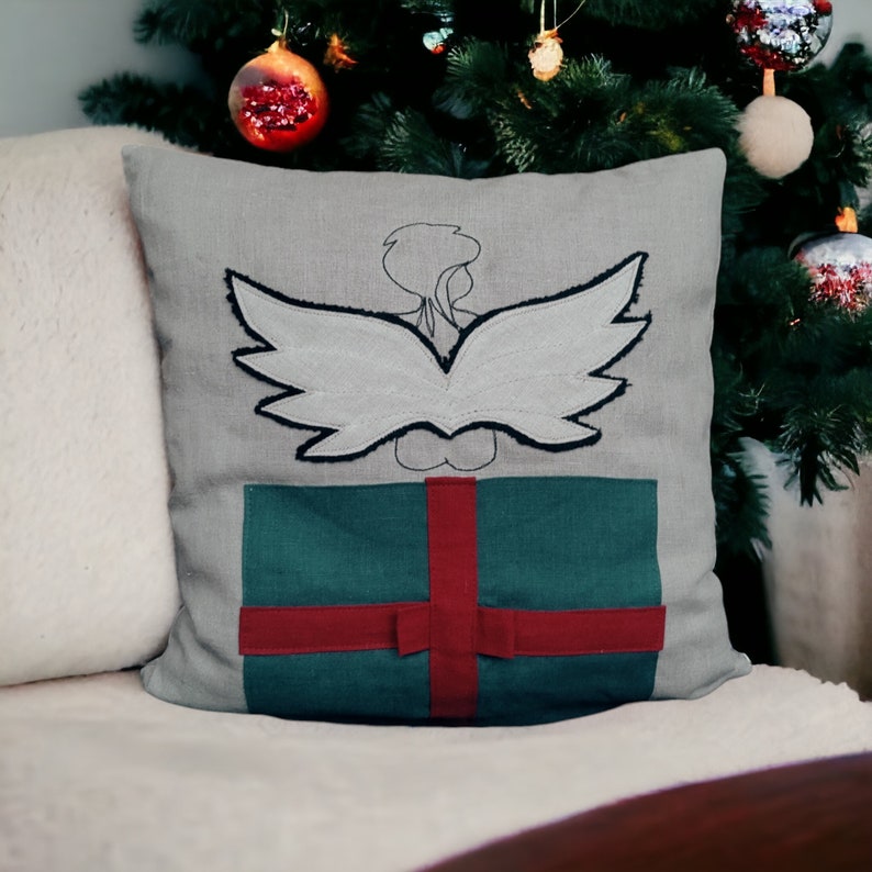 Coussin de Noël en lin, housse de coussin de Noël en lin, coussin brodé en lin, coussin ange, taies d'oreiller de vacances, cadeau déco de Noël image 3