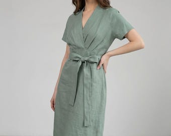Flattering Linen Dress for Women, Knee Length Linen Dress with Belt, V Neck Linen Dress, Elegant Summer Dress