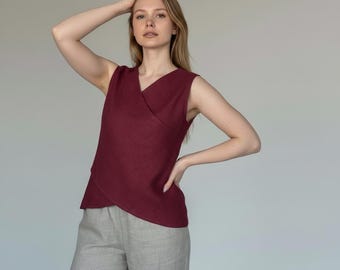 Linen tank top for women, sleeveless cross front blouse, wine linen summer shirt