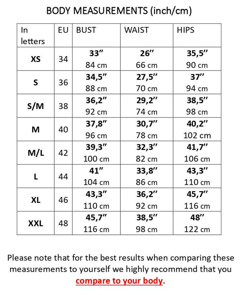 May include: A size chart for clothing with measurements in inches and centimeters. The chart shows sizes XS through XXL with corresponding bust, waist, and hip measurements.