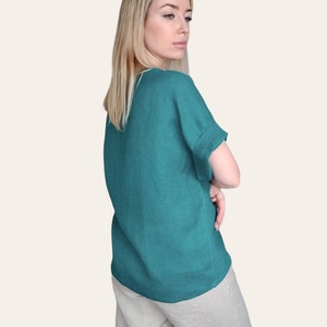 Blusa de lino, top envolvente de lino, top de lino de talla grande, blusa de cuello en V de manga corta, camisa casual para mujer imagen 6