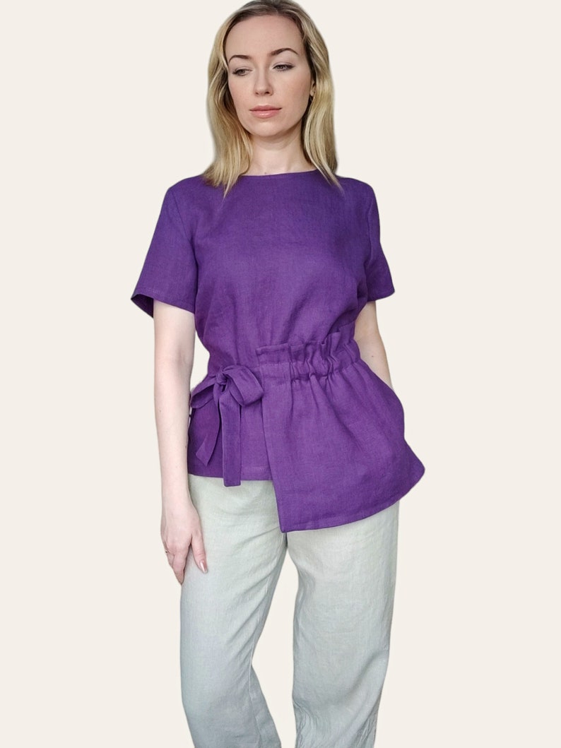 Linen Blouse Short Sleeve, Unique Linen Top, Side Tie Summer Shirt, Linen Clothing For Women, Blue Linen Top image 4