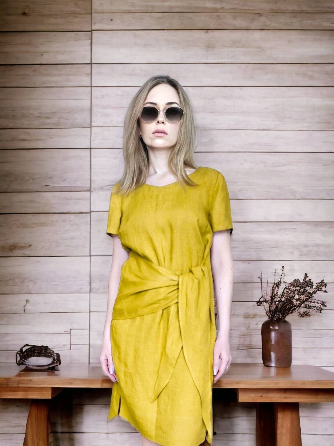 100 Linen Asymmetrical Dress Waist Belt Dress Tiefront Etsy Canada