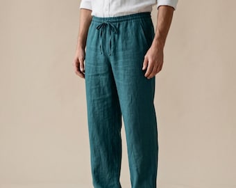 Linnen broek met rechte pijpen heren, relaxte linnen broek, elastische taille broek met trekkoord