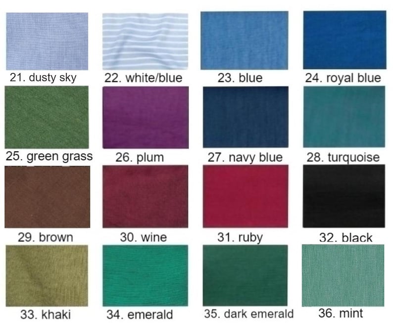 K&ouml;nnte beinhalten: Eine Farbkarte mit Stoffmustern, die 16 verschiedene Farben zeigt, darunter staubiges Himmelblau, Wei&szlig;/Blau, Blau, K&ouml;nigsblau, Grasgr&uuml;n, Pflaume, Marineblau, T&uuml;rkis, Braun, Wein, Rubin, Schwarz, Khaki, Smaragd, Dunkelgr&uuml;n und Minze.