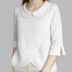 White Linen Blouse with Peter Pan Collar - Elegant Lightweight Summer Shirt – 3/4 Sleeve Layered Top - Minimalist Linen Clothing for Women