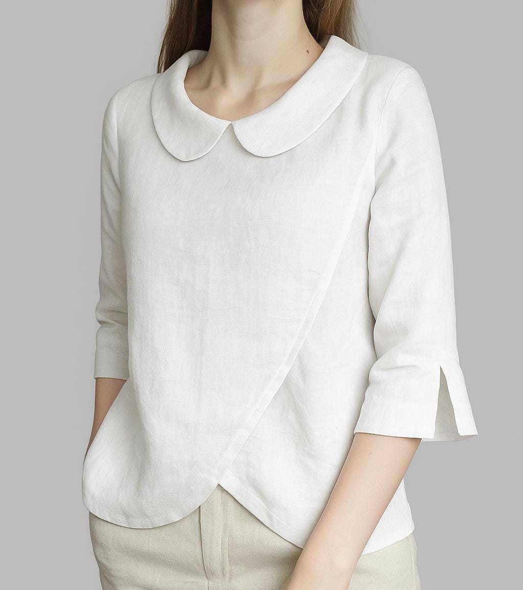 White Linen Blouse with Peter Pan Collar - Elegant Lightweight Summer Shirt – 3/4 Sleeve Layered Top - Minimalist Linen Clothing for Women