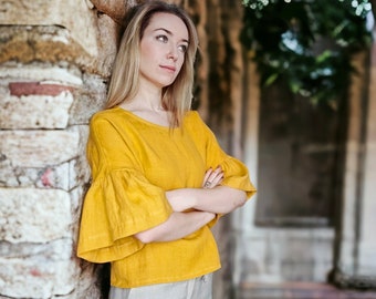 Linen Elbow Sleeve Top, Loose Bell Sleeve Blouse, Yellow Puff Sleeve Shirt, Unique Handmade Plus Size Clothing For Women