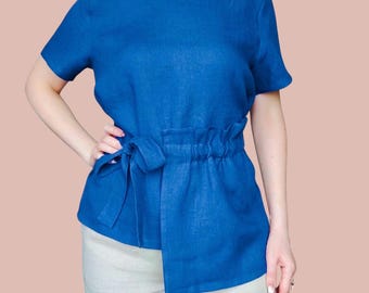 Tie Waist Linen Top: Short Sleeve Blouse with Pocket