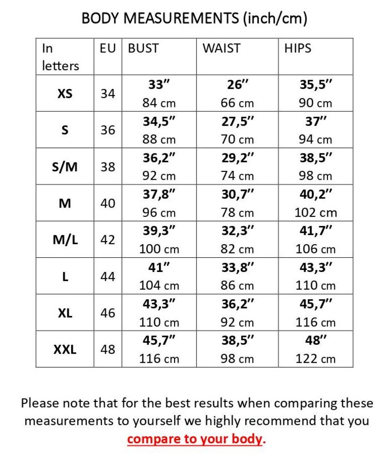 K&ouml;nnte beinhalten: Gr&ouml;&szlig;entabelle f&uuml;r Kleidung mit Ma&szlig;en in Zoll und Zentimetern. Die Tabelle zeigt die Gr&ouml;&szlig;en XS bis XXL mit den entsprechenden Brust-, Taillen- und H&uuml;ftma&szlig;en.