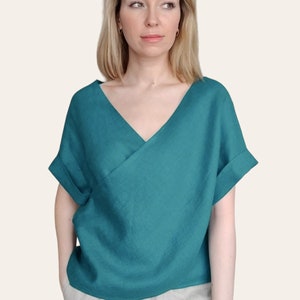 Blusa de lino, top envolvente de lino, top de lino de talla grande, blusa de cuello en V de manga corta, camisa casual para mujer 28. turquoise