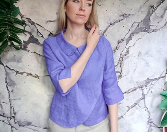 Elegant Linen Wrap Blouse, Split Front Top With Peter Pan Collar, Womens 3/4 Sleeve Blouse, Formal Linen Shirt