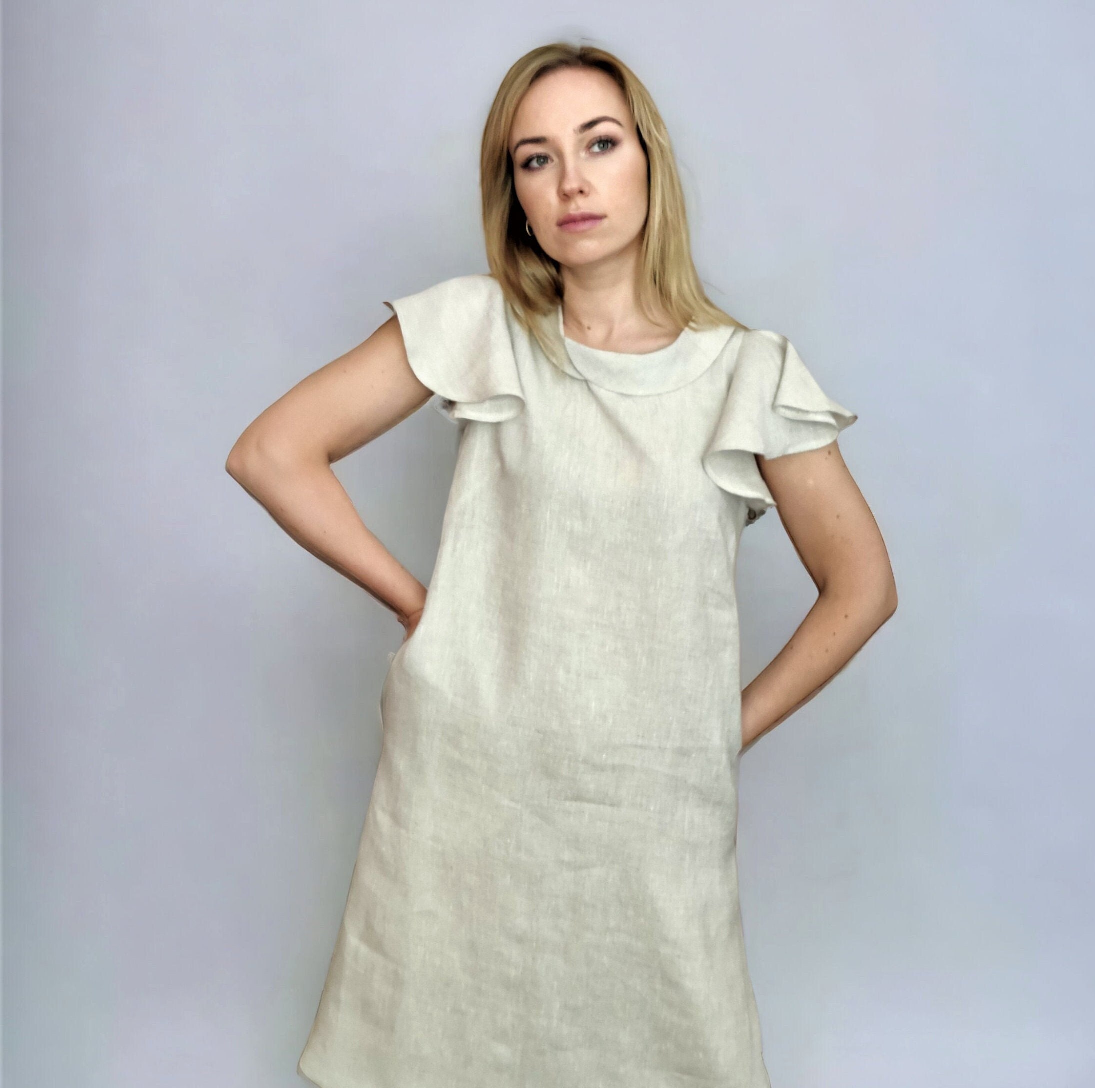 ruffle sleeve dress, relaxed fit summer dress, roll collar dress, elegant frill sleeve linen dress, flutter sleeve dress, simple guest dress