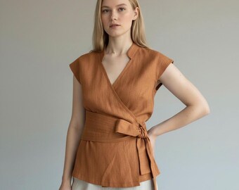 Wrap Linen Top, Tie Waist Blouse For Women, Short Cap Sleeve Linen Top, V Neck Blouse With Wide Belt