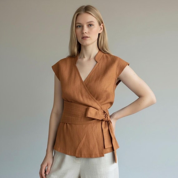 Wrap Linen Top, Tie Waist Blouse For Women, Short Cap Sleeve Linen Top, V Neck Blouse With Wide Belt
