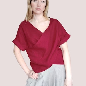 Blusa de lino, top envolvente de lino, top de lino de talla grande, blusa de cuello en V de manga corta, camisa casual para mujer 31. ruby