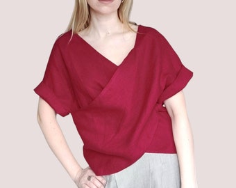 Leinen Bluse, Leinen Wrap Top, Plus Größe Leinen Top, Kurzarm V-Ausschnitt Bluse, Casual Shirt für Frauen