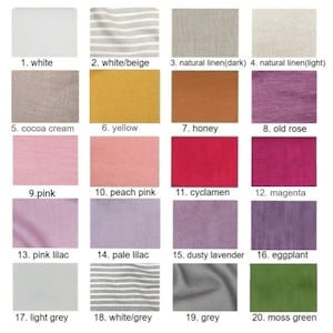 May include: Swatch card showing 20 different fabric colors, including white, beige, yellow, pink, lilac, grey, and green. The fabric swatches are arranged in a grid pattern.