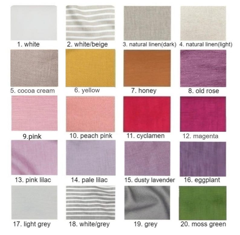 May include: Swatch card showing 20 different fabric colors, including white, beige, yellow, pink, lilac, grey, and green. The fabric swatches are arranged in a grid pattern.