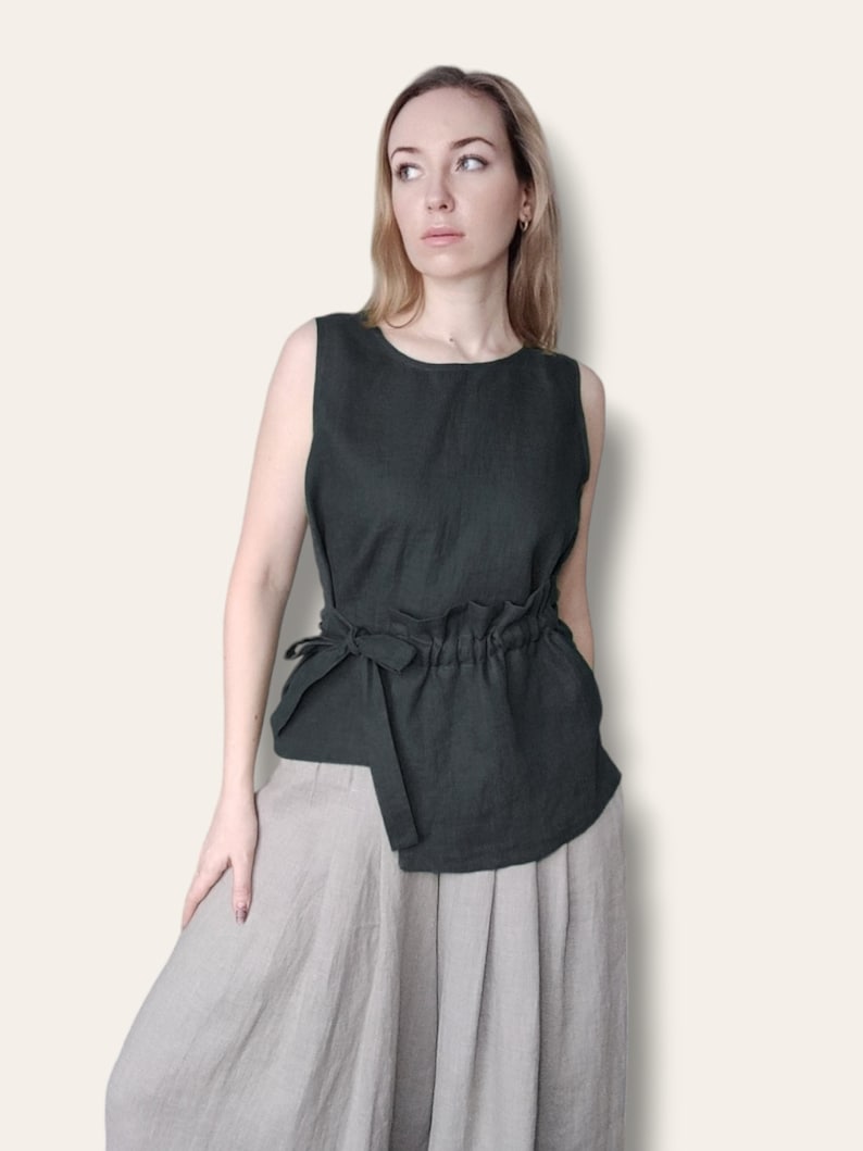 Linen Tank Top, Tie Waist Blouse, Tie Side Top With Pocket, Sleeveless Blouse, Linen Shirt For Women image 4