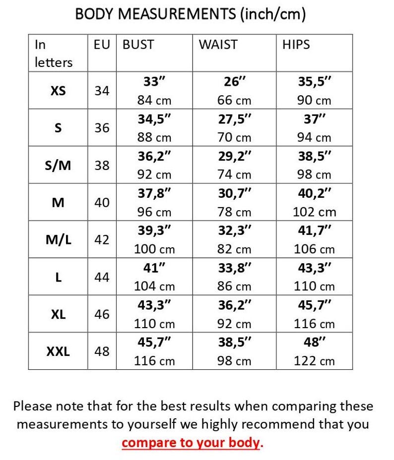 Pode incluir: Um gr&aacute;fico que mostra as medidas do corpo em polegadas e cent&iacute;metros para diferentes tamanhos, de XS a XXL. O gr&aacute;fico inclui as medidas de busto, cintura e quadril.