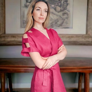 Linen Wrap Dress: Cut Out Sleeve, Tie Waist, Kimono Style