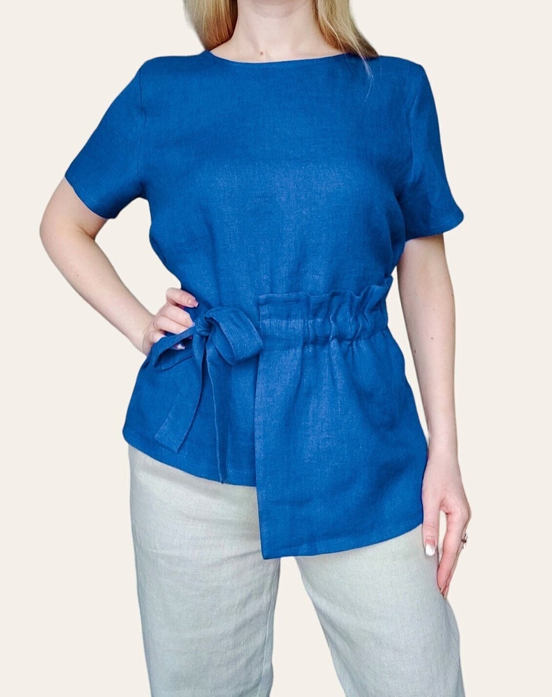 linen top, tie waist blouse with pocket, short sleeve summer shirt, unique linen clothing