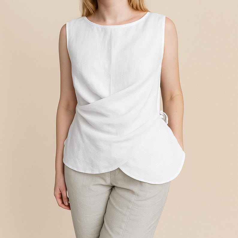 Blusa envolvente de linho sem mangas, blusa feminina drapeada com amarração lateral, camisa elegante com bainha tulipa, linda blusa de linho rosa, roupa de verão exclusiva imagem 7
