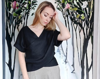 Black Linen Top, Casual Linen Blouse, Linen Short Sleeve Top, Asymmetrical Hem Shirt, Linen Summer Top, Drape Front Blouse, Trendy Linen Top