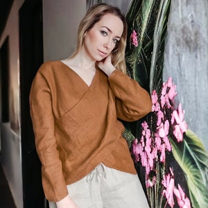 Linen Wrap Top: Kimono Sleeve Cross Front Blouse