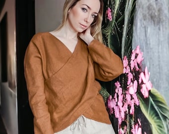 Leinenbluse für Frauen, Leinen Wickeltop, lange Kimono Ärmel Top, Lockere Leinen Bluse, Leinen Cross Front Top, Leinen Frühling Bluse