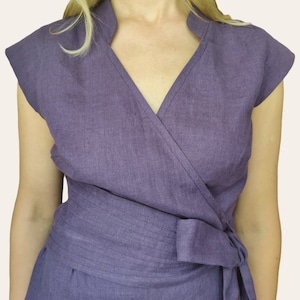 Top in lino avvolgente, camicetta con cintura per donna, top in lino con maniche corte, camicetta con scollo a V e cintura larga