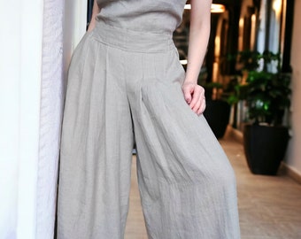 Linen wide leg pants, culottes for women, cropped high waist palazzo pants, linen skirt pants, very loose summer pants