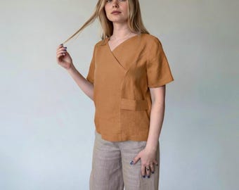 Linen Summer Top for Women, V-Neck Blouse with Short Sleeves, linen tops plus size