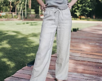 Linen Pants For Women, Loose Linen Pants, Long Straight Leg Pants, Casual Linen Trousers, Elastic Drawstring Waist Summer Pants