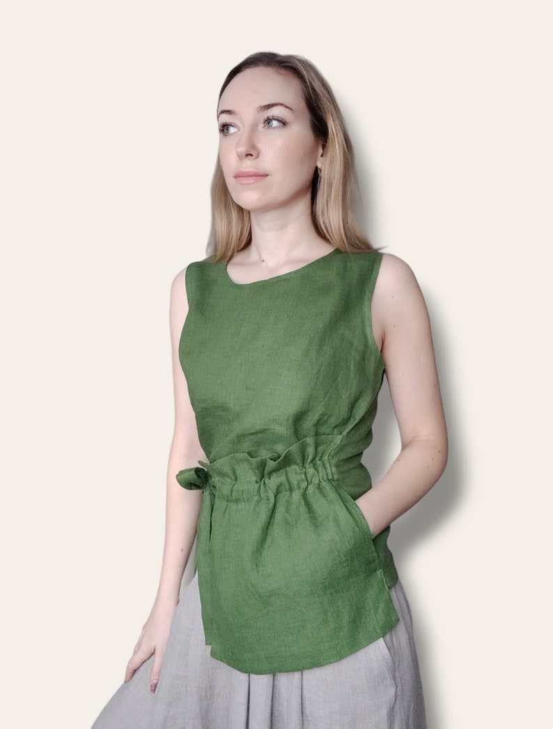 Linen Tank Top, Tie Waist Blouse, Tie Side Top With Pocket, Sleeveless Blouse, Linen Shirt For Women image 3