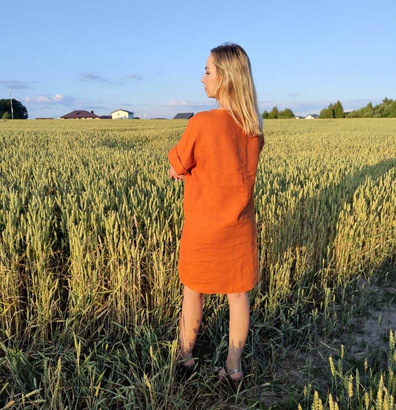 Orange Linen Dress, Linen Midi Wrap Dress, Loose Linen Dress With Asymmetrical Hem, Linen Short Sleeve Dress, Summer Linen Dress For Women image 5