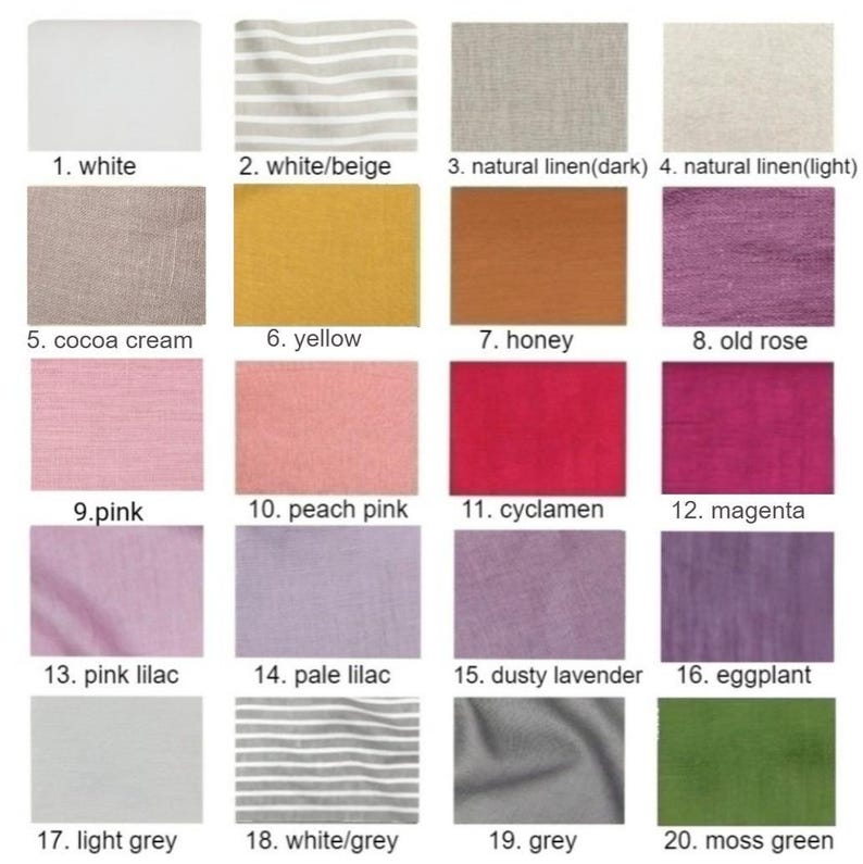 Pode incluir: Cart&atilde;o de amostra com 20 amostras de tecido, mostrando diferentes cores e texturas. As cores incluem branco, bege, amarelo, mel, rosa, lil&aacute;s, lavanda, cinza, verde e muito mais. As texturas incluem linho, algod&atilde;o e listrado.