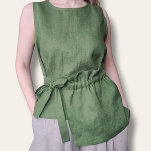 Linen Tank Top, Tie Waist Blouse, Tie Side Top With Pocket, Sleeveless Blouse, Linen Shirt For Women image 2