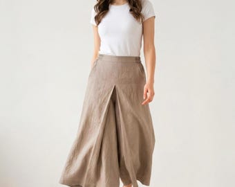 Gonna-pantalone in lino, culotte in lino a gamba larga, pantaloni estivi fluidi, pantaloni in lino larghi