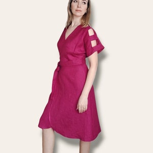 Leinen Kimono Kleid, Leinen Wickelkleid für Frauen, Leinen Krawattenkleid, lässiges Sommerkleid 12. dark cyclamen