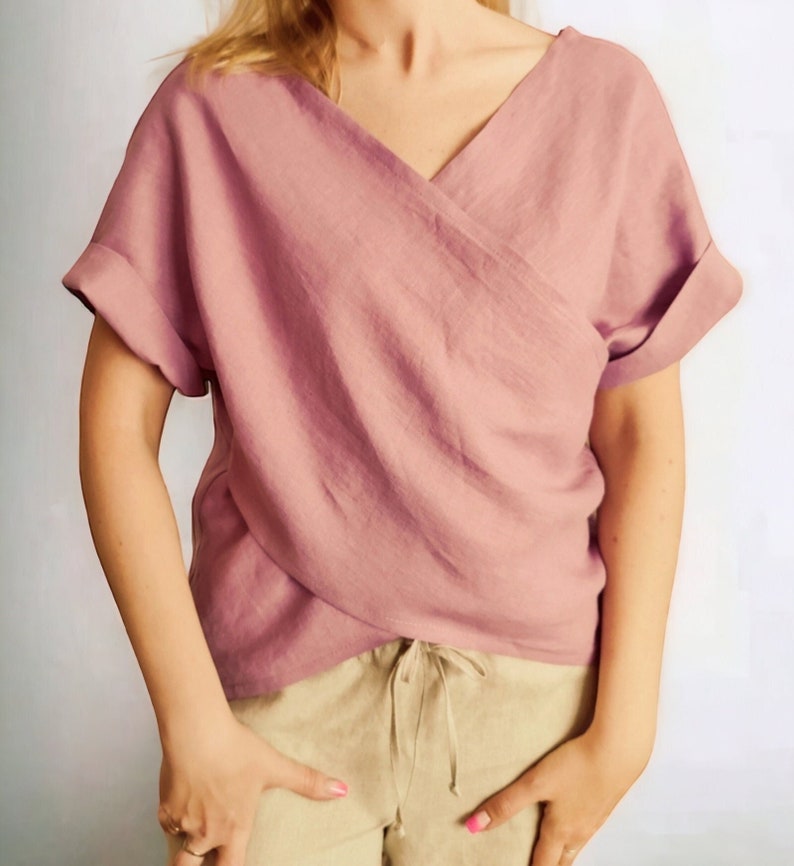 Elegant Linen Blouse, Kimono Sleeve Top, Women Linen Shirt, Cross Front