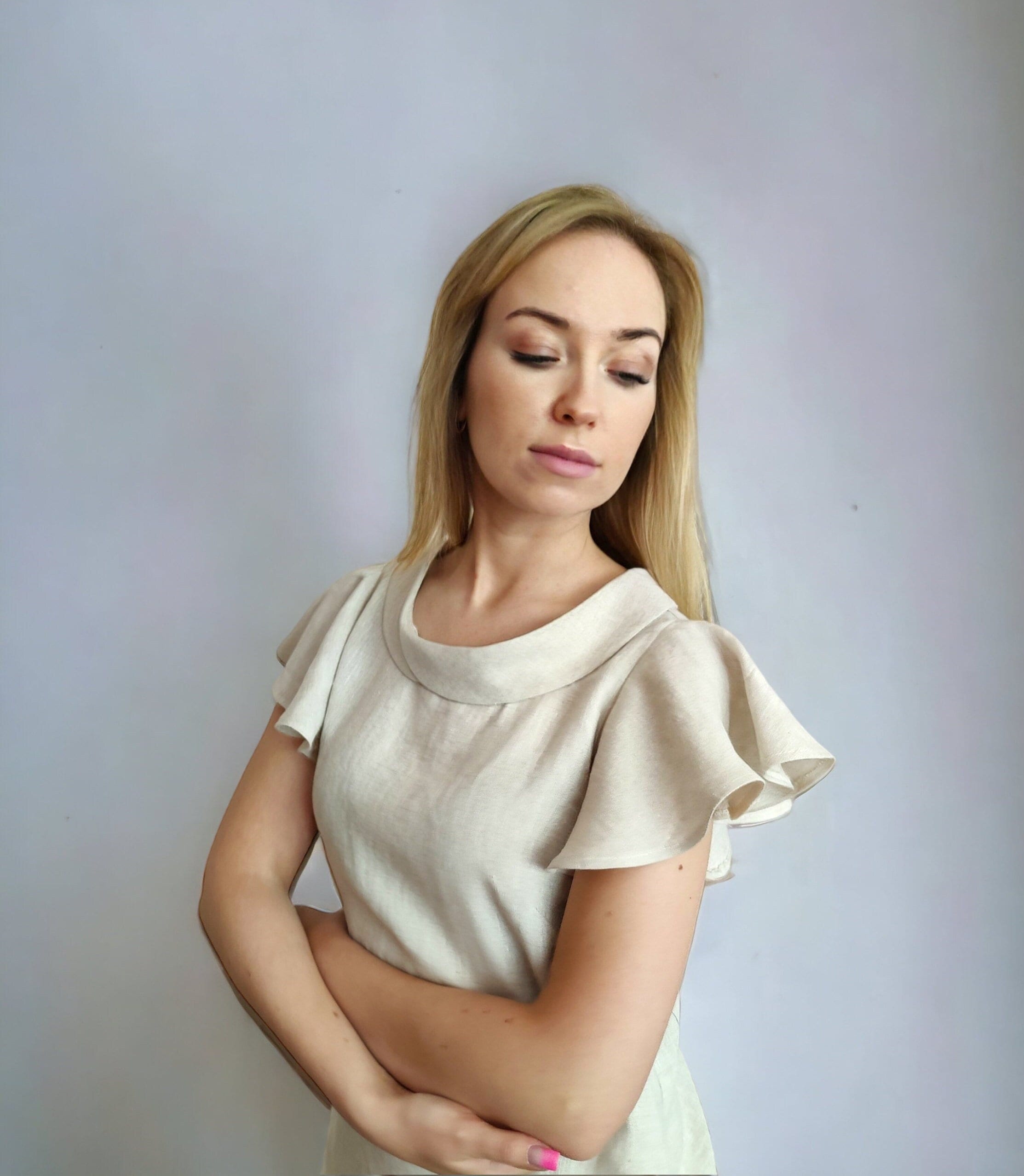 ruffle sleeve dress, relaxed fit summer dress, roll collar dress, elegant frill sleeve linen dress, flutter sleeve dress, simple guest dress