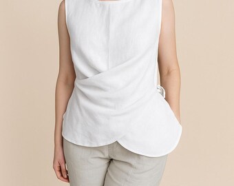 Sleeveless Linen Crossover Top: Women's Wrap Blouse