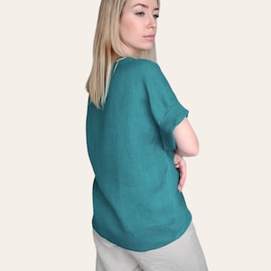 Elegant Linen Blouse, Kimono Sleeve Top, Women Linen Shirt, Cross Front Blouse, Summer Linen Top 28. turquoise