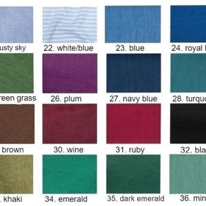 Pode incluir: Uma carta de cores que mostra 16 amostras de tecido diferentes. As amostras s&atilde;o dispostas em quatro filas de quatro. As cores incluem c&eacute;u poeirento, branco/azul, azul, azul real, grama verde, ameixa, azul marinho, turquesa, marrom, vinho, rubi, preto, c&aacute;qui, esmeralda, esmeralda escuro e menta.